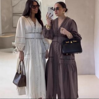 Elegant V-Neck Lace Hollow Out Long Sleeve Maxi Dress For Women Vintage Solid Color Button Down Polyester Long Dress For Vacation Party