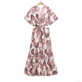 Women Bohemian Paisley Print Deep V-Neck Short Sleeve Cutout Waist Tiered Maxi Dress Summer Vacation Beach Party Elegant Flowy Polyester Long Dress