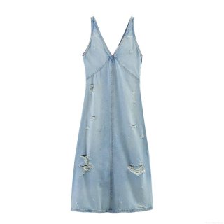 Women's Sexy V-Neck Sleeveless Denim Maxi Dress Distressed Hole Washed Light Blue Slim Fit Cotton Blend Jean Sundress For Summer Party Beach