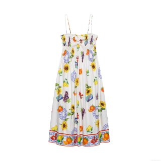 Women's Mediterranean Fruit Print Smocked Maxi Dress 100% Polyester Sleeveless Camisole Vacation Sun Dress Summer Party A-Line Long Dress