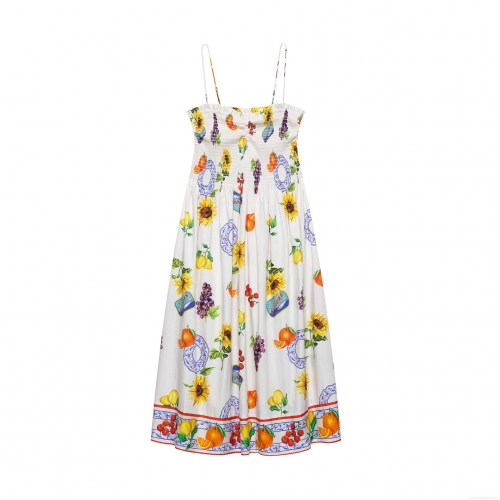Women's Mediterranean Fruit Print Smocked Maxi Dress 100% Polyester Sleeveless Camisole Vacation Sun Dress Summer Party A-Line Long Dress