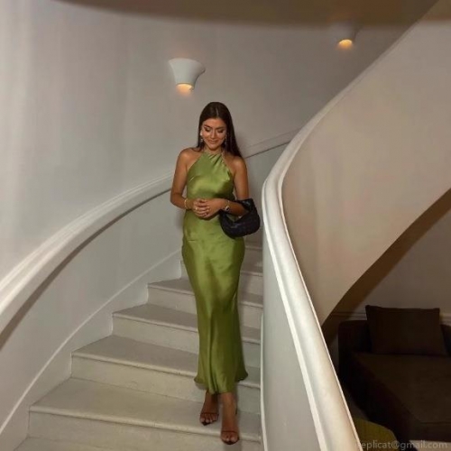 Women's Elegant Backless Halter Satin Maxi Dress Slim Fit Cross Strap Evening Party Long Slip Dress Solid Color Polyester Dress
