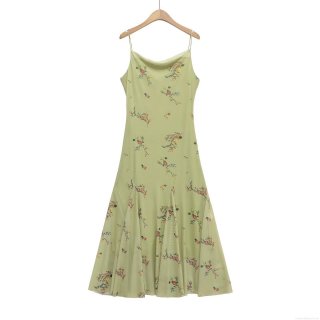 Women Elegant Floral Print Spaghetti Strap Maxi Dress Summer Vacation V-Neck Mesh Chiffon Long Sundress Bohemian Style Slim Fit Party Gown