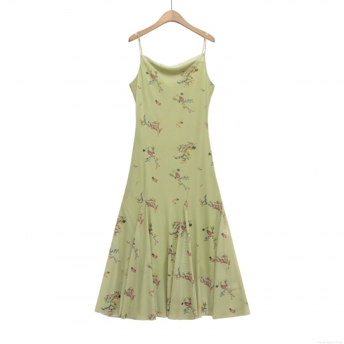 Women Elegant Floral Print Spaghetti Strap Maxi Dress Summer Vacation V-Neck Mesh Chiffon Long Sundress Bohemian Style Slim Fit Party Gown