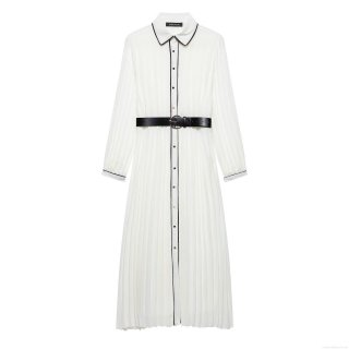 Elegant White Pleated Maxi Dress For Women With Black Contrast Trim And Belt Long Sleeve Button Down Shirt Collar Chiffon Dress For Party Evening Office Daily Fashion