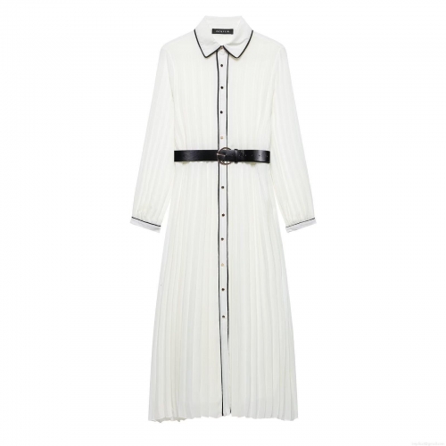 Elegant White Pleated Maxi Dress For Women With Black Contrast Trim And Belt Long Sleeve Button Down Shirt Collar Chiffon Dress For Party Evening Office Daily Fashion