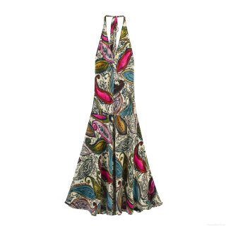 Women's Halter Neck Paisley Print Maxi Dress Sleeveless V-Neck Backless Boho Style Long Summer Vacation Beach Dress
