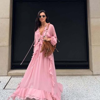 Elegant Pink V-Neck Ruffle Tiered Maxi Dress Chiffon Long Sleeve Bohemian Style A-Line Women Party Vacation Long Dress