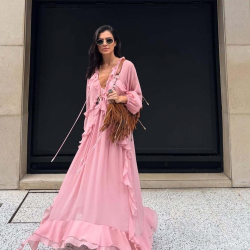Elegant Pink V-Neck Ruffle Tiered Maxi Dress Chiffon Long Sleeve Bohemian Style A-Line Women Party Vacation Long Dress