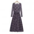 Women's Elegant Plaid Mesh Maxi Dress Pleated Long Sleeve Crew Neck Sheer Long Gown With Back Tie For Spring Autumn Party Dating