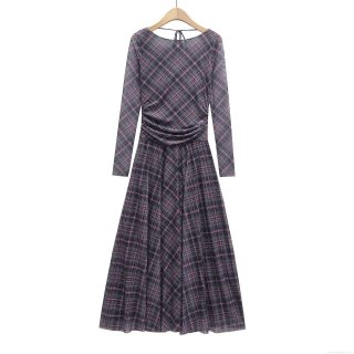Women's Elegant Plaid Mesh Maxi Dress Pleated Long Sleeve Crew Neck Sheer Long Gown With Back Tie For Spring Autumn Party Dating