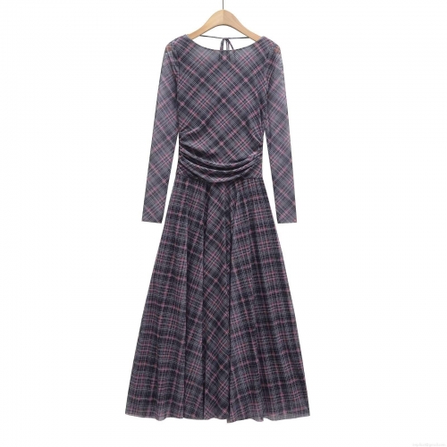 Women's Elegant Plaid Mesh Maxi Dress Pleated Long Sleeve Crew Neck Sheer Long Gown With Back Tie For Spring Autumn Party Dating