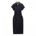 Women's Summer Short Sleeve Denim Shirt Dress Elegant Pleated Waist Single Breasted Lapel Neck Maxi Long Cotton Jean Dress Casual Party Lady