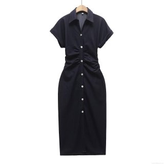 Women's Summer Short Sleeve Denim Shirt Dress Elegant Pleated Waist Single Breasted Lapel Neck Maxi Long Cotton Jean Dress Casual Party Lady