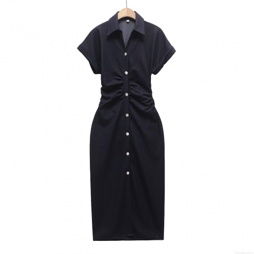 Women's Summer Short Sleeve Denim Shirt Dress Elegant Pleated Waist Single Breasted Lapel Neck Maxi Long Cotton Jean Dress Casual Party Lady