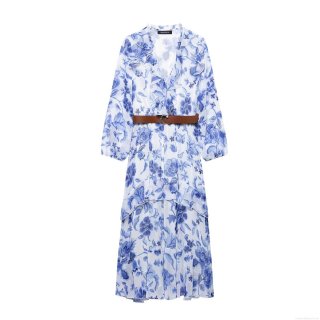 Women Orchid Floral Print Long Sleeve V-Neck Maxi Dress With Brown Belt Elegant Chiffon Ruffle Socialite Style Party Dress