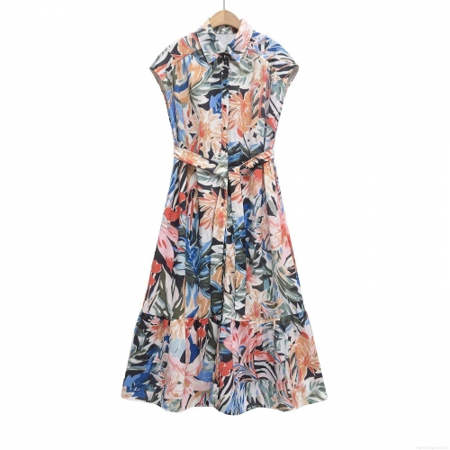 Tropical Floral Print Shirt Dress Women V-Neck Sleeveless Button Up Maxi Dress With Belt Summer Resort Holiday Casual Long Dress