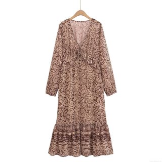 Bohemian Maxi Dress Long Sleeve V Neck Polyester Chiffon Paisley Print Ruffle Flowy Dress For Women Summer Beach Vacation Holiday Party Long Dress