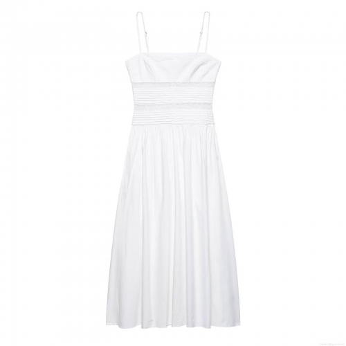 Elegant White Spaghetti Strap Maxi Dress With Lace Embroidery And Pleated Design Sleeveless Backless Summer Vacation Party Dress For Women