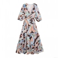 Bohemian Paisley Print V-Neck Knot Front Tiered Maxi Dress Women Long Puff Sleeve Polyester Elegant Vacation Party A-Line Long Dress