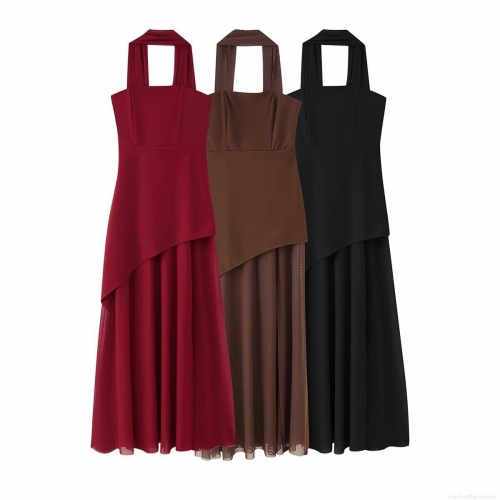 Elegant Halter Neck Maxi Dress For Women Sexy V-Neck Asymmetric Layered Hem Backless Slim Fit Polyester Long Party Dress For Evening Vacation