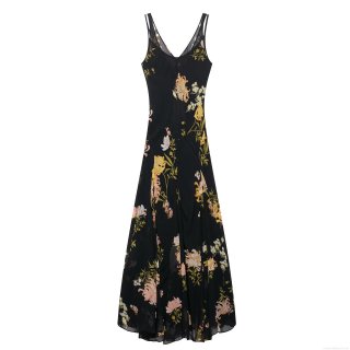 Women's French Elegant Floral Print Maxi Dress Sexy V-Neck Double Spaghetti Strap Sleeveless Backless A-Line Long Dress For Summer Beach Party Vacation