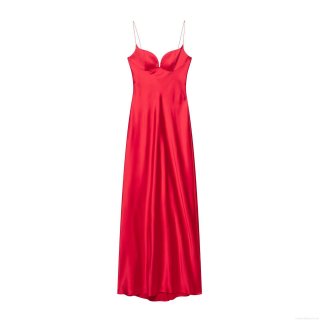 Women Elegant Red Satin Maxi Dress Sexy V Neck Spaghetti Strap Backless Long Evening Party Dresses High Quality Polyester Silk Like Prom Gown