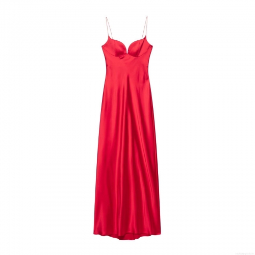 Women Elegant Red Satin Maxi Dress Sexy V Neck Spaghetti Strap Backless Long Evening Party Dresses High Quality Polyester Silk Like Prom Gown