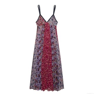 Women's Elegant V-Neck Floral Print Patchwork Maxi Dress With Sequin Beaded Detail Sleeveless Pleated Cami Dress For Summer Vacation Party