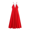 Sexy Backless V-Neck Maxi Dress Women Elegant Cross Strap Pleated Long Swing Party Dress Polyester Solid Color Sleeveless Evening Gown For Wedding Banquet