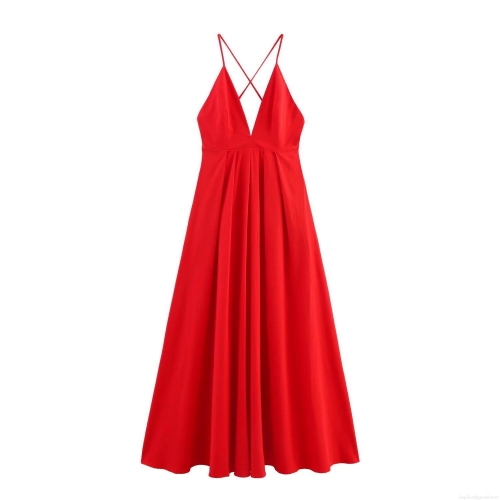 Sexy Backless V-Neck Maxi Dress Women Elegant Cross Strap Pleated Long Swing Party Dress Polyester Solid Color Sleeveless Evening Gown For Wedding Banquet