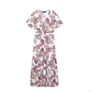 Bohemian Paisley Print V Neck Hollow Out Tiered Maxi Dress Women Short Sleeve Elegant Blended Polyester Beach Vacation Party Dress