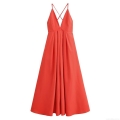Women's Elegant Red Polyester Deep V-Neck Backless Maxi Dress Sexy Cross Tie Back Spaghetti Strap A-Line Long Dress For Wedding Party Banquet Evening