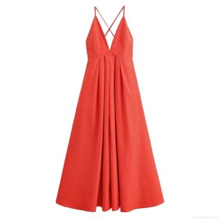 Women's Elegant Red Polyester Deep V-Neck Backless Maxi Dress Sexy Cross Tie Back Spaghetti Strap A-Line Long Dress For Wedding Party Banquet Evening