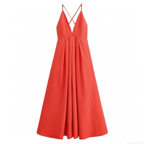 Women's Elegant Red Polyester Deep V-Neck Backless Maxi Dress Sexy Cross Tie Back Spaghetti Strap A-Line Long Dress For Wedding Party Banquet Evening