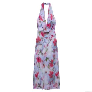 Women Halter Neck Floral Print Maxi Dress Elegant V Neck Backless Sleeveless Polyester Chiffon Long Dress For Summer Vacation Beach Party