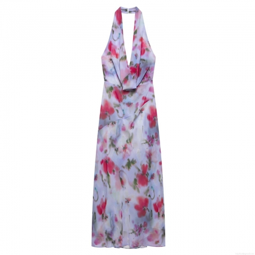 Women Halter Neck Floral Print Maxi Dress Elegant V Neck Backless Sleeveless Polyester Chiffon Long Dress For Summer Vacation Beach Party