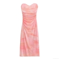Women's Ruched Mesh Bandeau Maxi Dress Pink Tie Dye Cloud Print Slim Fit Elegant Party Evening Club Streetwear Bodycon Dress