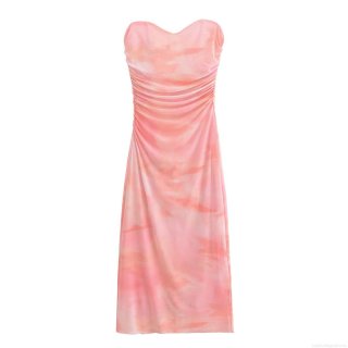 Women's Ruched Mesh Bandeau Maxi Dress Pink Tie Dye Cloud Print Slim Fit Elegant Party Evening Club Streetwear Bodycon Dress