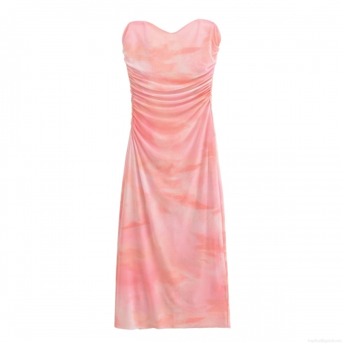 Women's Ruched Mesh Bandeau Maxi Dress Pink Tie Dye Cloud Print Slim Fit Elegant Party Evening Club Streetwear Bodycon Dress