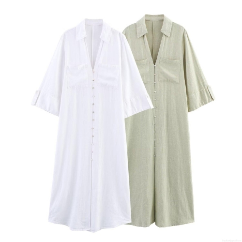 Women's Linen Shirt Dress Elegant Solid Color Turn-down Collar Button Down Maxi Dress With Pockets Casual Breathable 3/4 Sleeve Vacation Long Dress