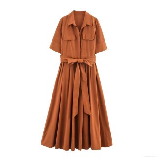 Women's Poplin Shirt Dress Short Sleeve Lapel Button Down Amber Maxi Dress With Belt Elegant Solid Color Casual Office Wear For Lady