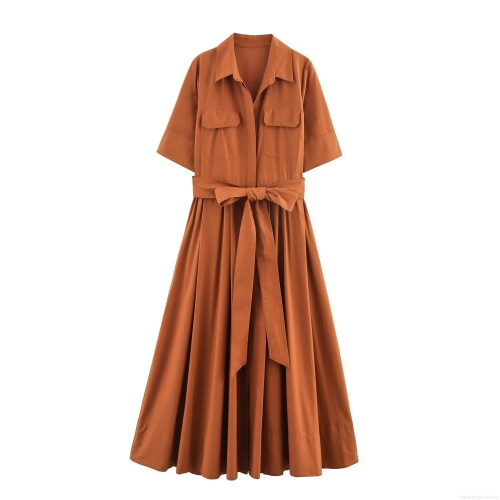 Women's Poplin Shirt Dress Short Sleeve Lapel Button Down Amber Maxi Dress With Belt Elegant Solid Color Casual Office Wear For Lady