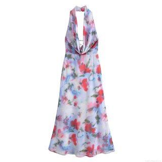 Women Halter Neck Maxi Dress 100% Polyester Floral Print V-Neck Backless Sleeveless Summer Resort Elegant A-Line Long Dress For Party Vacation