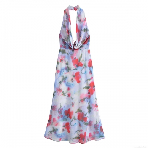 Women Halter Neck Maxi Dress 100% Polyester Floral Print V-Neck Backless Sleeveless Summer Resort Elegant A-Line Long Dress For Party Vacation