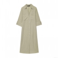 Women's Natural Linen Cotton Shirt Dress Long Sleeve Button Down Maxi Dresses Solid Color Lapel V Neck Casual Elegant Gown With Pockets For Summer Spring