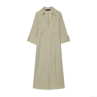 Women's Natural Linen Cotton Shirt Dress Long Sleeve Button Down Maxi Dresses Solid Color Lapel V Neck Casual Elegant Gown With Pockets For Summer Spring