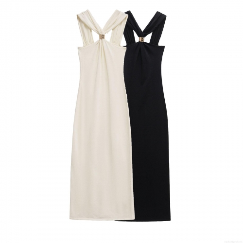 Elegant Halter Neck Maxi Dress For Women Cross Wrap V-Neck Backless Slim Fit Knitted Long Gown With Gold Metal Buckle Sexy Party Evening Dress