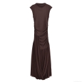 Women's Elegant Mesh Spliced Sleeveless Maxi Dress Sexy Pleated Bodycon Dark Brown Ribbed Knit Long Dress For Party Club Night Out Summer Fashion