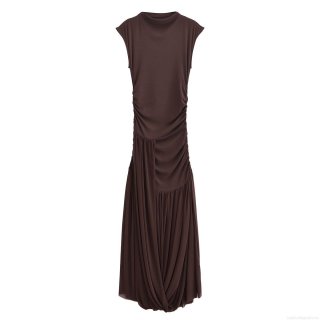 Women's Elegant Mesh Spliced Sleeveless Maxi Dress Sexy Pleated Bodycon Dark Brown Ribbed Knit Long Dress For Party Club Night Out Summer Fashion